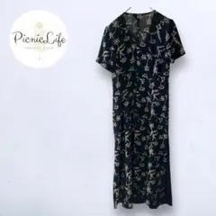 美品❤【バードオブシンフォニー】花柄半袖シャツワンピース ロング丈 シアー M