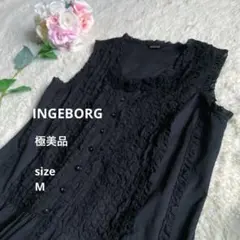 極美品☆インゲボルグ ブラウス ノースリーブ ピコフリル フラワーモチーフ 黒