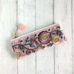 インド刺繍リボン ◎フェイクレザー◎ペンケース◎メガネケース