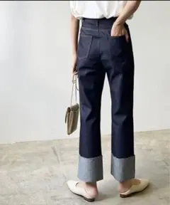 折り返しストーレートインディゴブルーデニム