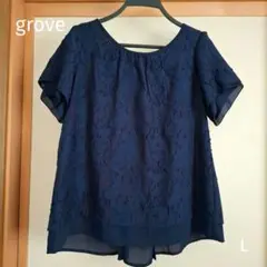 grove グローブ 半袖 ブラウス 重ね着風 紺 L