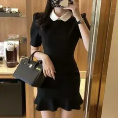 ブラック半袖ミニワンピース マーメイドライン