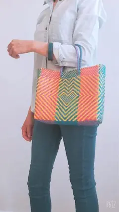 【新品未使用】メキシコ オアハカ産⭐︎メルカドバッグ⭐︎ピンク×ブルー