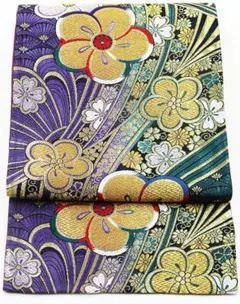振袖用 袋帯 正絹 緑 紫 ねじれ梅 菊 熨斗文 Mサイズ F5792 中古美品