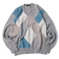 MW1152 レトロ古着◆カシミヤブレンド 総柄ニット セーター グレー L