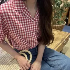 LAUIR ギンガムチェック半袖シャツ 赤