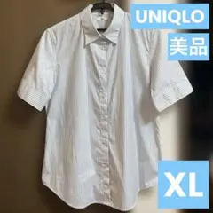 美品 ユニクロ 半袖シャツ ストライプ 白×青 XL レディース 夏 綿混