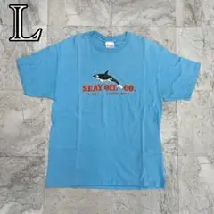 企業T　Tシャツ　ブルー　メンズ　L　プリントロゴ　半袖　コットン