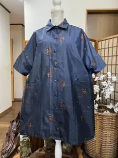古布　リメイク　大島　シャツ衿　ビックシャツワンピース　チュニック