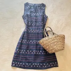 美品✨ローラアシュレイ　リネン　ノースリーブ　鳥　ボーダー　ワンピース