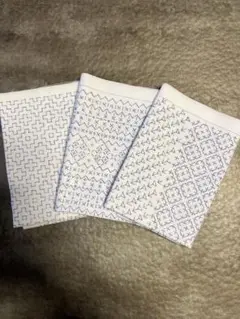 手書き図案　刺し子布　3枚セット　さらし　生地　刺し子ふきん　fuu