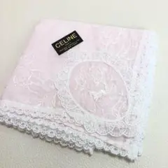 新品未使用★セリーヌ 上質コットンハンカチ スワトウ刺繍 花柄 薄いピンク