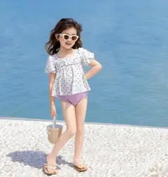 【新品】キッズ 水着 女の子　110cm ラベンダーピンク ドット 白　リボン