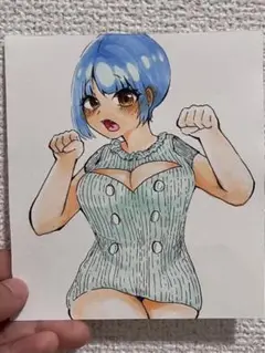 手描きアニメイラスト 青い髪のキャラクター