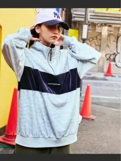【美品】オーバーサイズベロアハーフジッププルオーバー