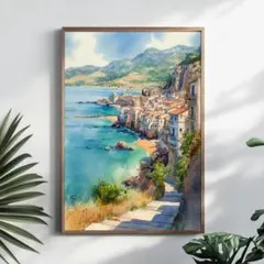 A4　イタリア・シチリア島の海岸　インテリアポスター　風景画　水彩　アート