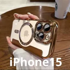 iPhone15 マグネット　手帳　ケース ブラウン　ゴールド【残2】