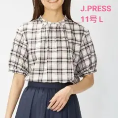 J.PRESS チェックブラウス L 五分袖 コットン混 晩夏〜秋◎