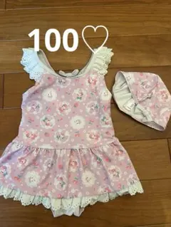 【ボンボンリボン】100センチ　フリル付き花柄水着と帽子セット