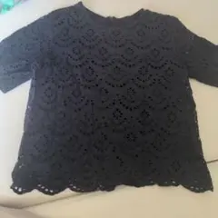 GU ネイビー 刺繍レース 半袖Tシャツ L