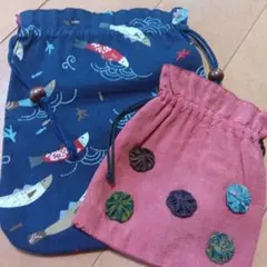 魚柄と赤色の巾着袋2個セット