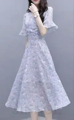 SINNOL ラウンドネックハイウエストAラインすね丈花柄ワンピース