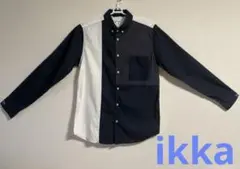 ikka 切り替えデザイン 長袖シャツ ネイビー 水玉 おしゃれ 薄手 メンズM