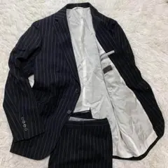 【美品】ユニバーサルランゲージ　カシミヤ　セットアップ　ストライプ　ブラック　M