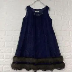 ☆h113【traumerei】M相当　紺　レースワンピース　裾ファー　お洒落