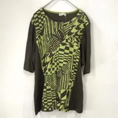 タグ付未使用◎Porta Rossa 幾何学柄Tシャツ 茶×きみどり（L）日本製