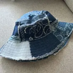 美品 ZARA デニム パッチワーク バケット ハット ペイズリー S 紺×白
