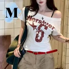 y2k グランジ　ロゴtシャツ ピチt　平成ギャル　ホワイト白　肩出し　Mサイズ