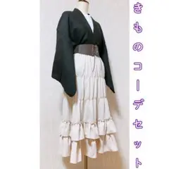 展示品　◇和洋 きものコーデ◇  セット売り　ブラック×ベージュ　ベルト付き