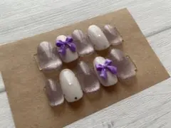 ネイルチップ　紫　パープル　推し活　リボン　ガーリー　マグネット　ちゅるん