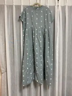リネン入グレー ドット柄 半袖ワンピース