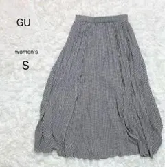【GU】ロングスカート 千鳥柄 プリーツ S 裏地あり シフォン風 モノトーン