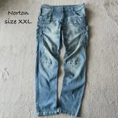 ビッグサイズ★XXL NORTON 豪華ロゴ デニム ストレートジーンズ 蜂の巣