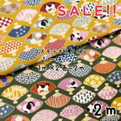 ★SALE★シーチング 猫と扇 和柄 プリント 1m×2色 計2mセット