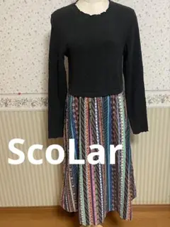 scolar スカラー ニットワンピース ブラック カラフル プリント