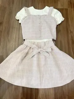 マジョリカ　チェック柄半袖セットアップ　くすみピンク　120cm