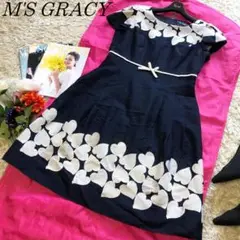 【良品】M'S GRACY ハート刺繍ワンピース 膝丈 ネイビー フレア 38