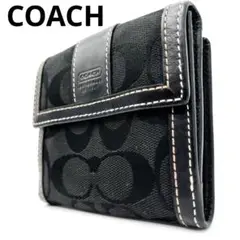 【美品】COACH 二つ折り財布　シグネチャー　レザー 本革　ブラック