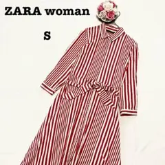 ザラウーマン　レディース　長袖ロングシャツワンピース　赤　ストライプ　Sサイズ