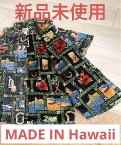 新品未使用アロハシャツハワイ半袖メンズ黒夏グアムハイビスカスパイナップル希少裏地