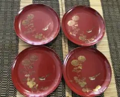 骨董漆器 赤漆に金彩の菊と鳥文 4枚セット
