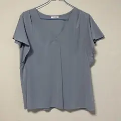 ブルー系 Vネック 半袖シャツ フレアスリーブ　カットソー　ハニーズ