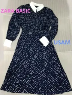 週末限定❗️ZARA BASIC 長袖ドットロングワンピース プリーツ USAＭ
