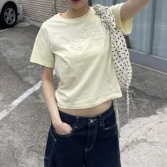 花刺繍 半袖Tシャツ イエロー FREE