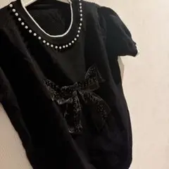未使用＊ 韓国　リボンモチーフ　サマーニット　パール　黒