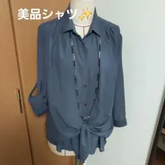 美品✨　2WAY　シャツ　レイヤーデザイン　紺　ロールアップ袖　ブラウス